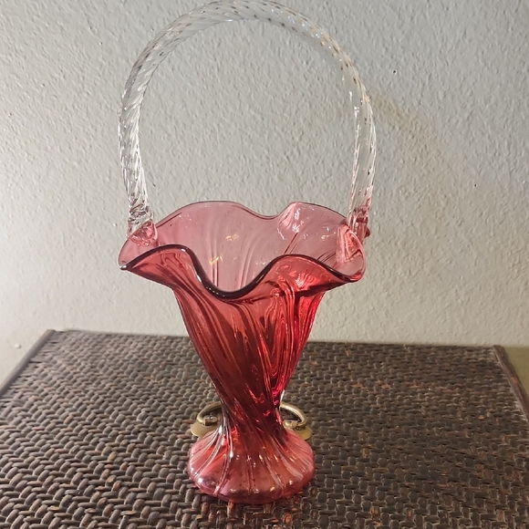 Fenton Other - Vintage Fenton Style Glass Basket Vase Cranberry Red Burgundy Vase